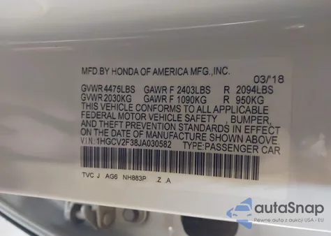 2018 Honda Accord Sport 2.0T z USA, uszkodzony, nr VIN 1HGCV2F38JA030582